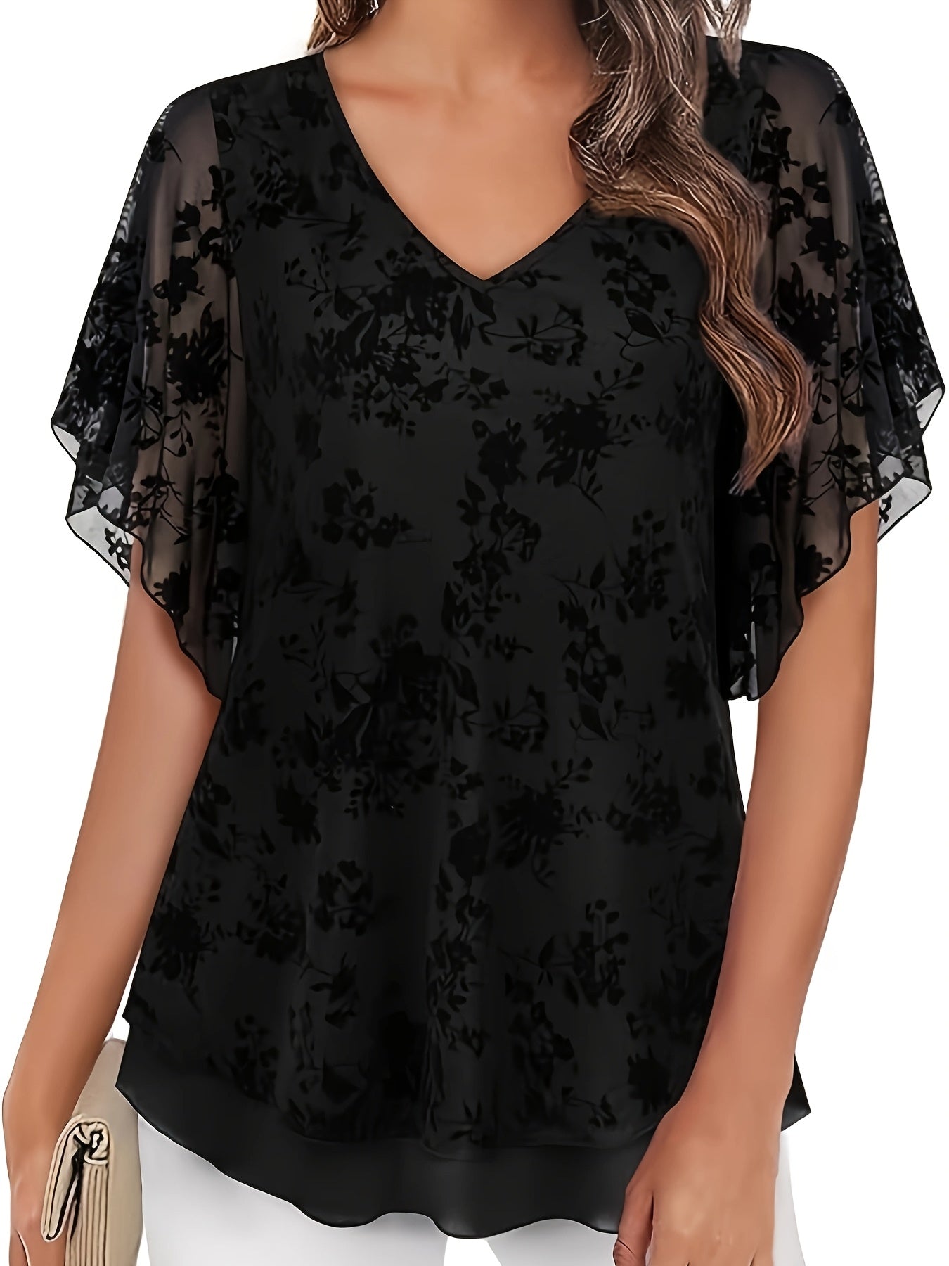 Women Plus Size Double Layer Mesh Elegant Blouses