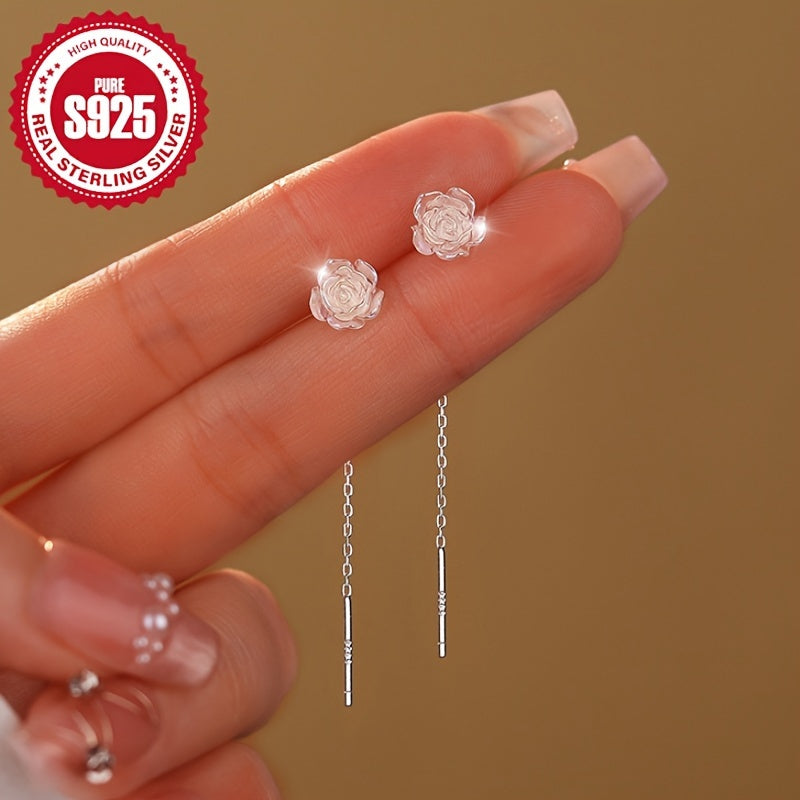 Women's Silver Tassel Earrings with White Rose Design for Everyday Wear