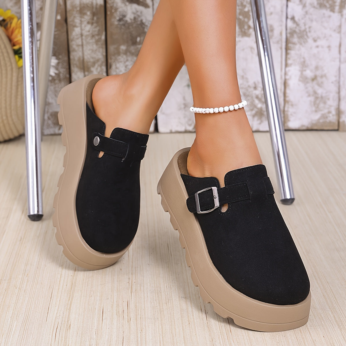 Women Beige Wedge Mules with Adjustable Buckle Slip-On Shoes