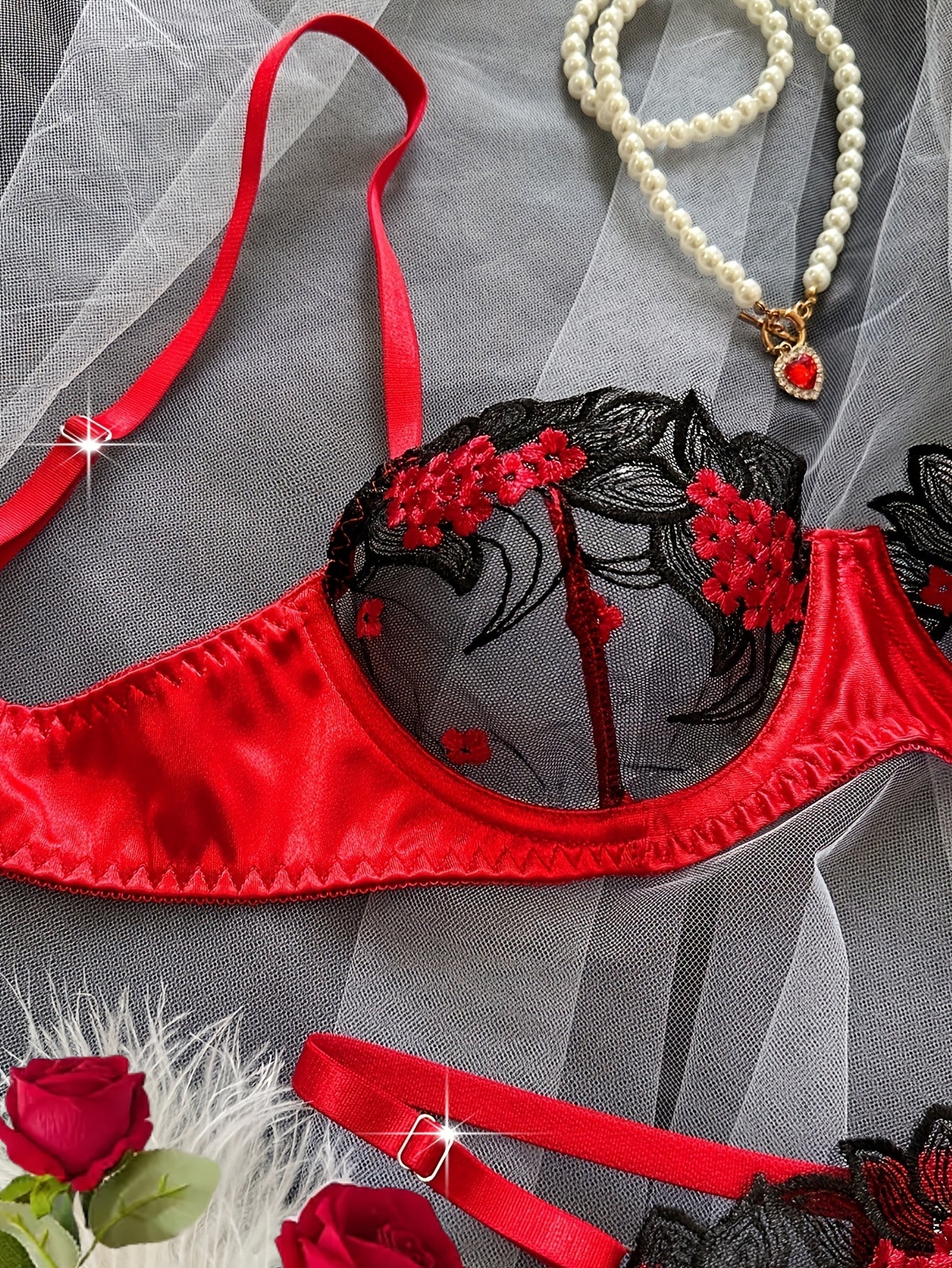 Women's Floral Embroidered Mesh Lingerie Set with Medium Support for Dating and Parties