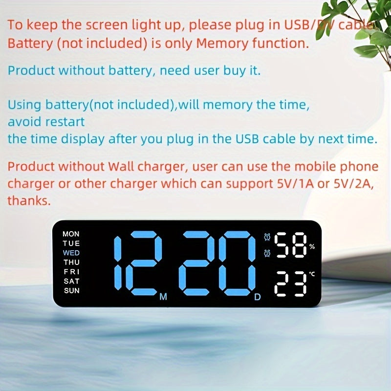 Digital Wall Clock with Large Display Temperature Humidity Weather Icons USB Powered Wall Mount