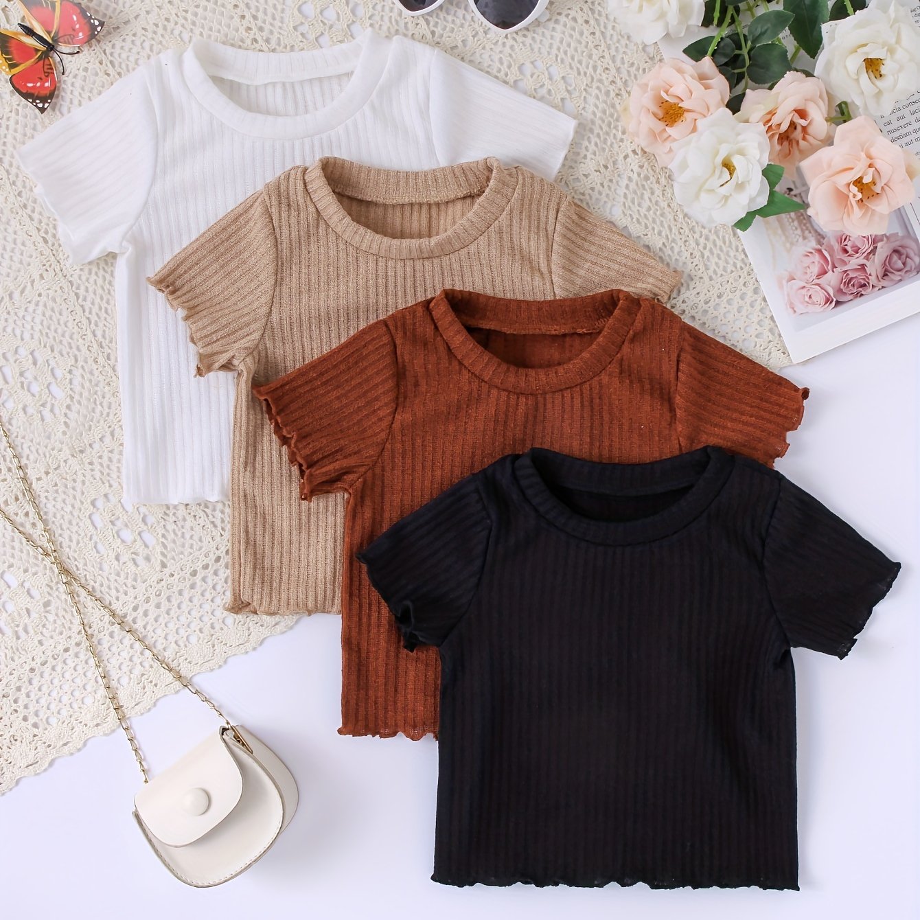 Детские летние футболки с коротким рукавом из рибаны однотонные, упаковка из 4