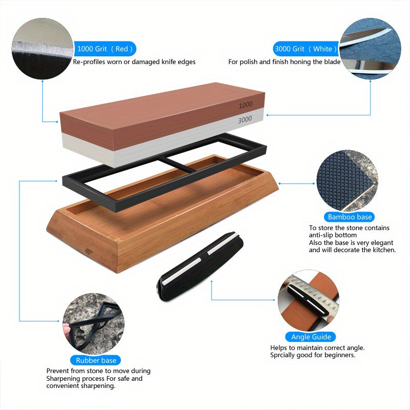 3-in-1 Knife Sharpening Kit with Whetstone, Bamboo Base, Angle Guide, Non-Slip Grip