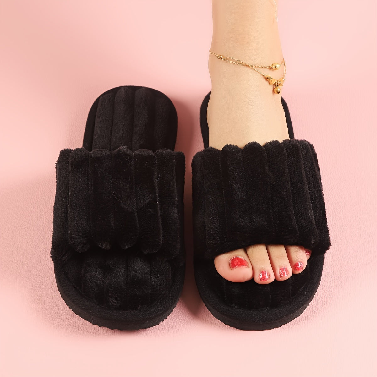 Zapatillas de felpa para mujer, zapatos planos abiertos de punta, interiores cálidos y cómodos para todas las estaciones