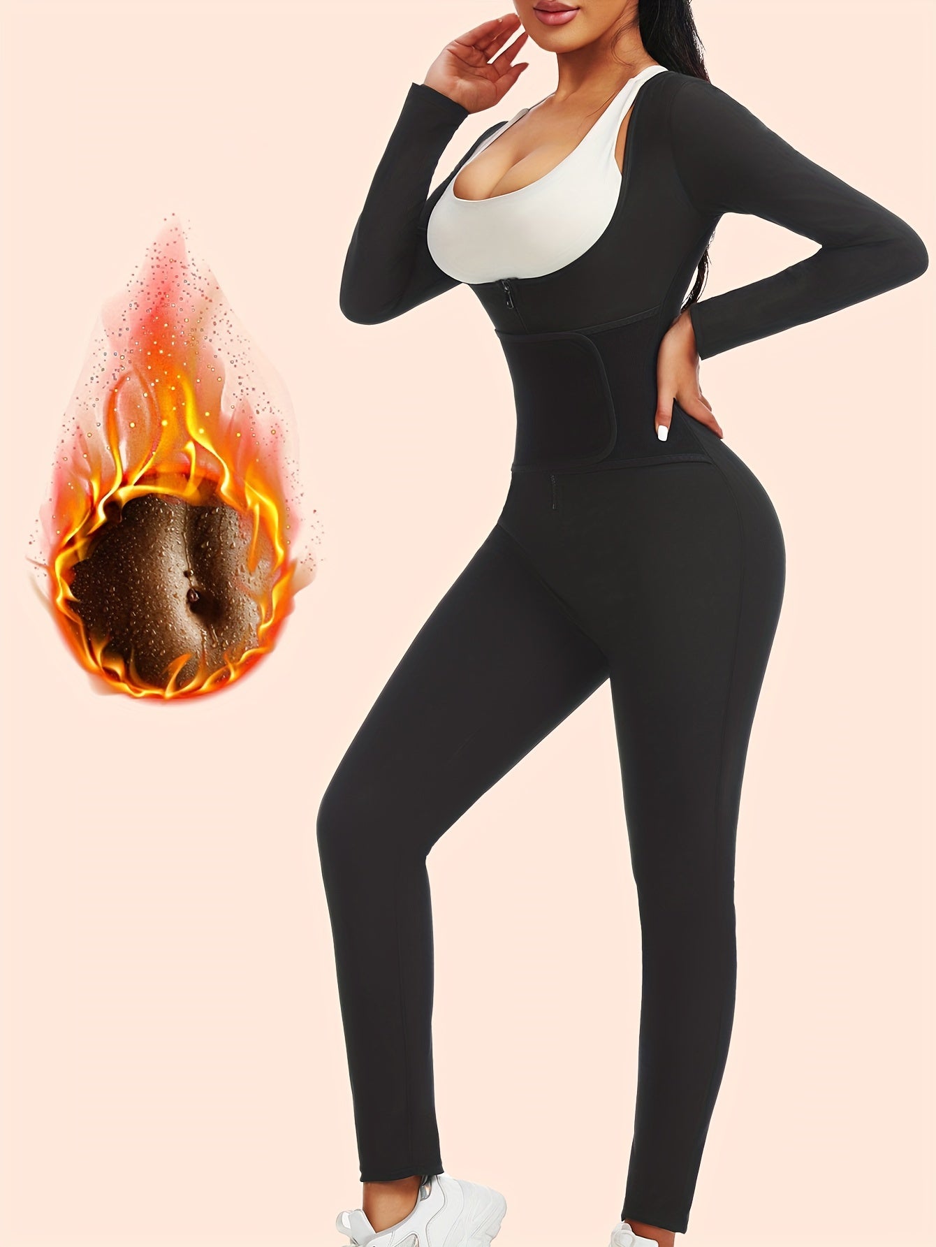 Women's Black Long Sleeve Sauna Suit Jumpsuit Tummy Control Waist Trainer Slimming Body Shaper for Fitness and Running