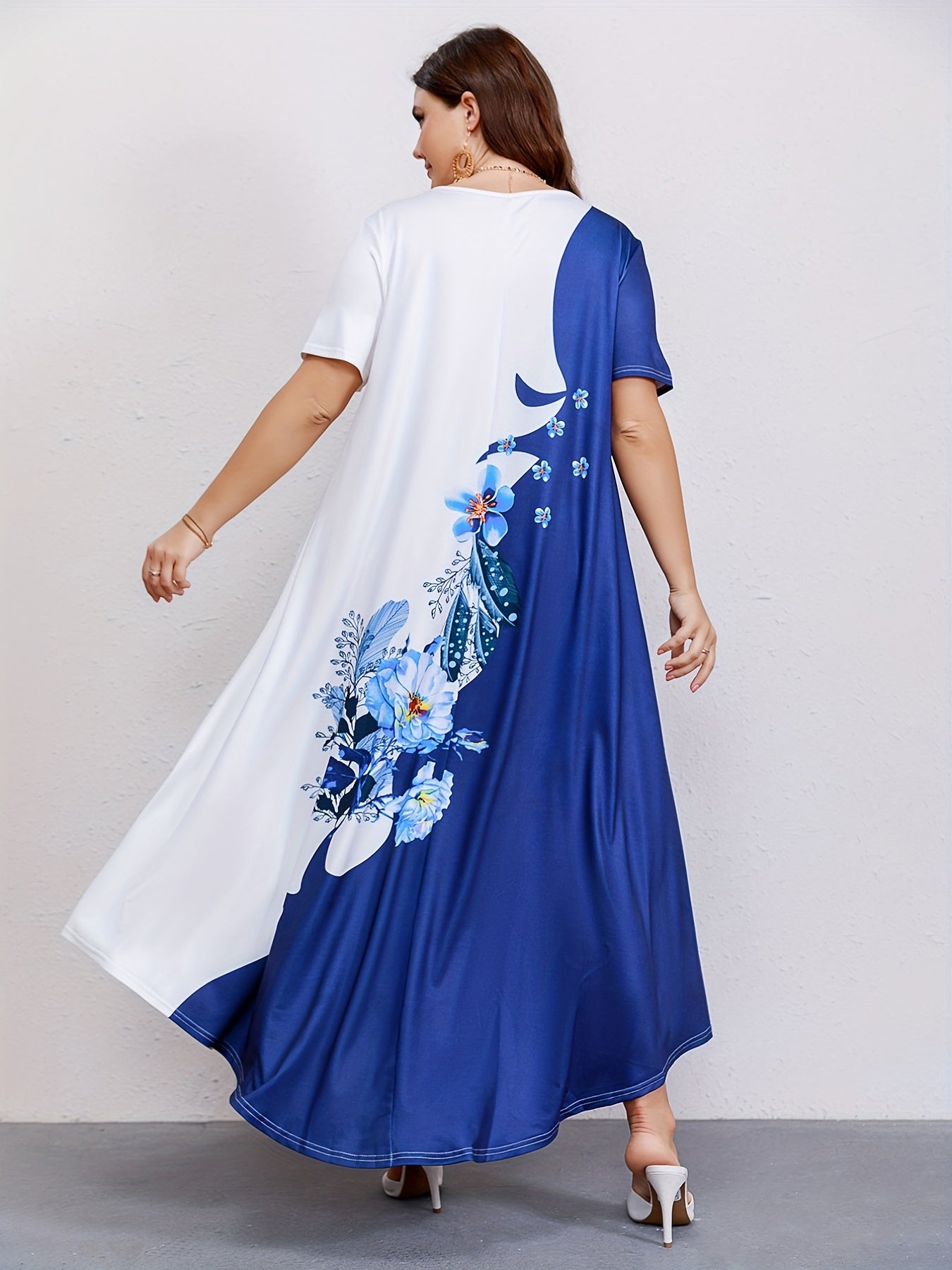 Women's Plus Size Casual Dress with Colorblock Floral Print Short Sleeves