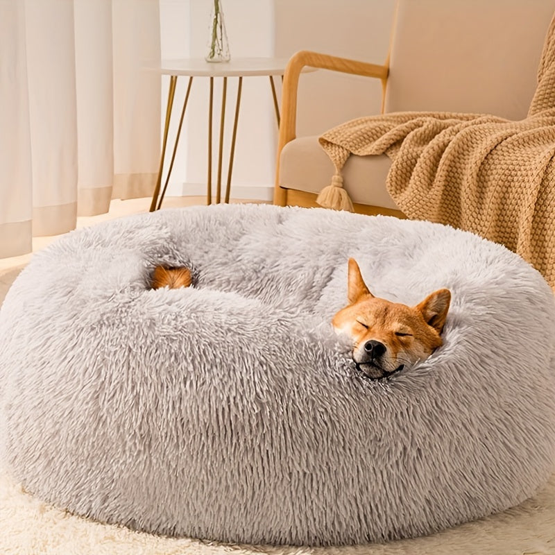 Extra Large Round Dog Bed Non-Slip Faux Plush Polyester Warm Cuddly Pillow