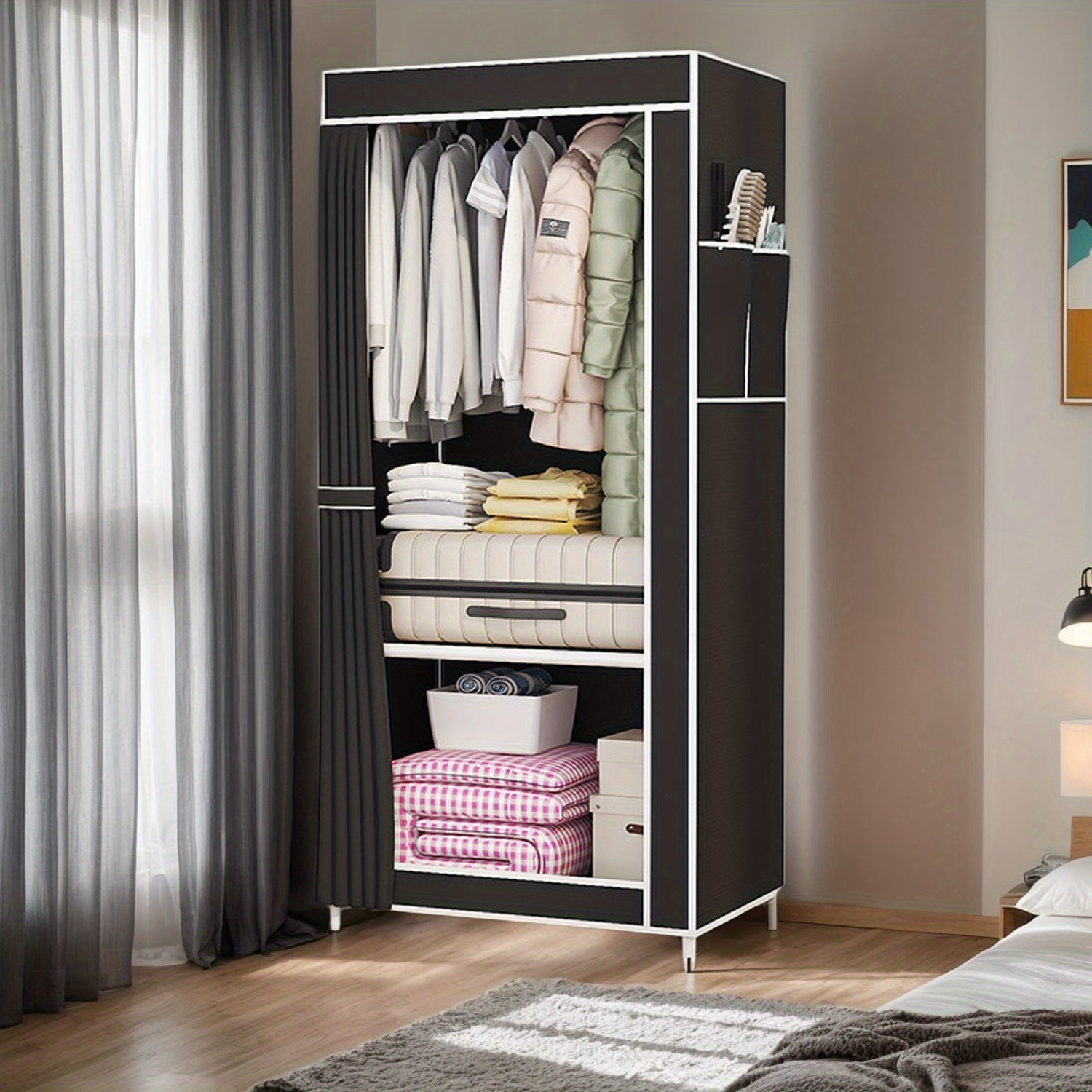 Organizador de armario robusto con cubierta a prueba de polvo, estantes de múltiples niveles