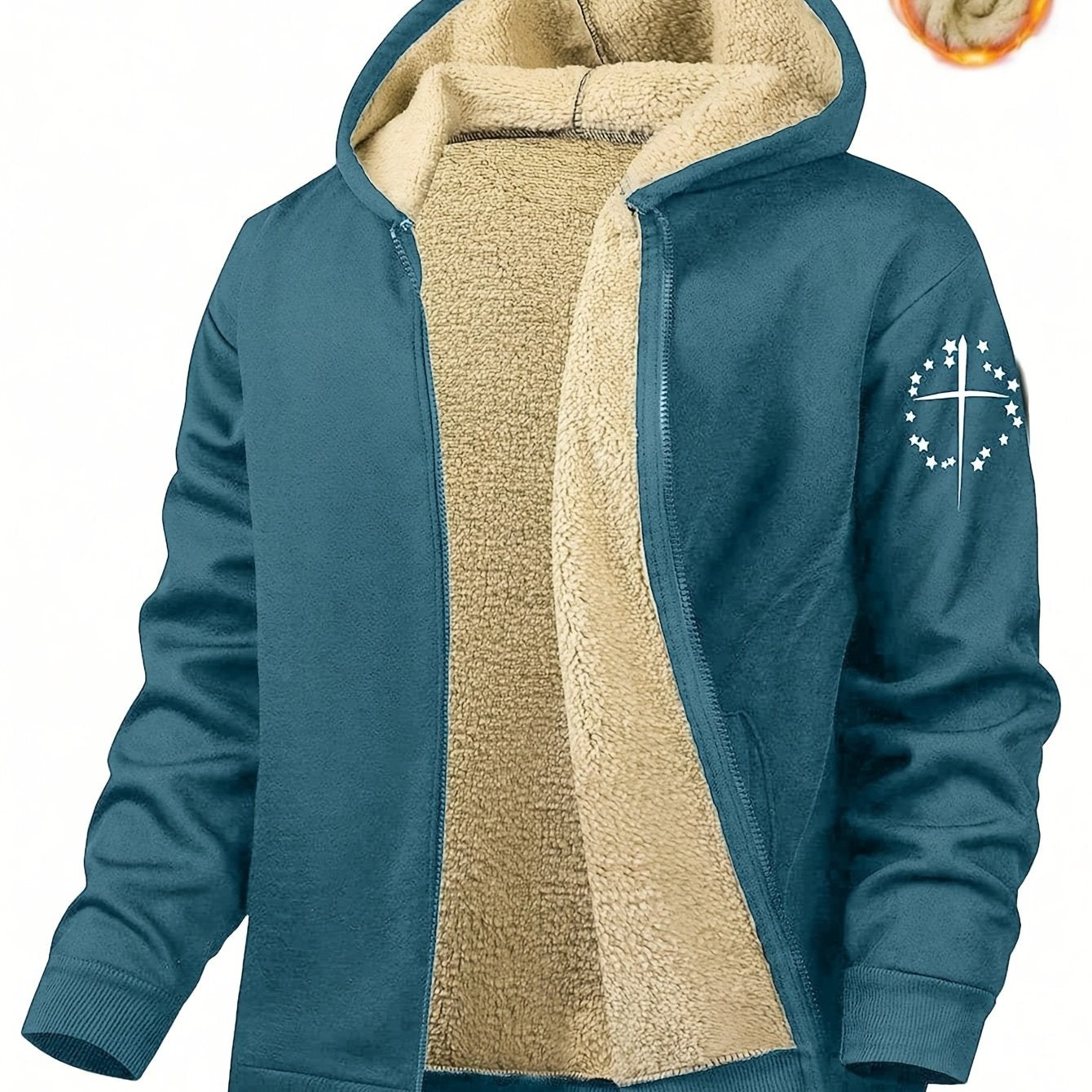 Men's Hooded Jacket with Print Pattern Polyester Knit Fabric Regular Fit Zipper Pockets for Fall Winter