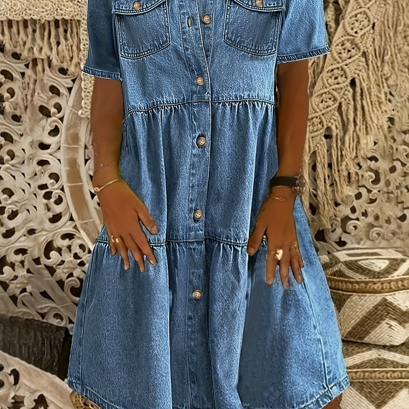 Plus Size Women's Denim Midi Dress Casual Button Front Pockets Short Sleeve