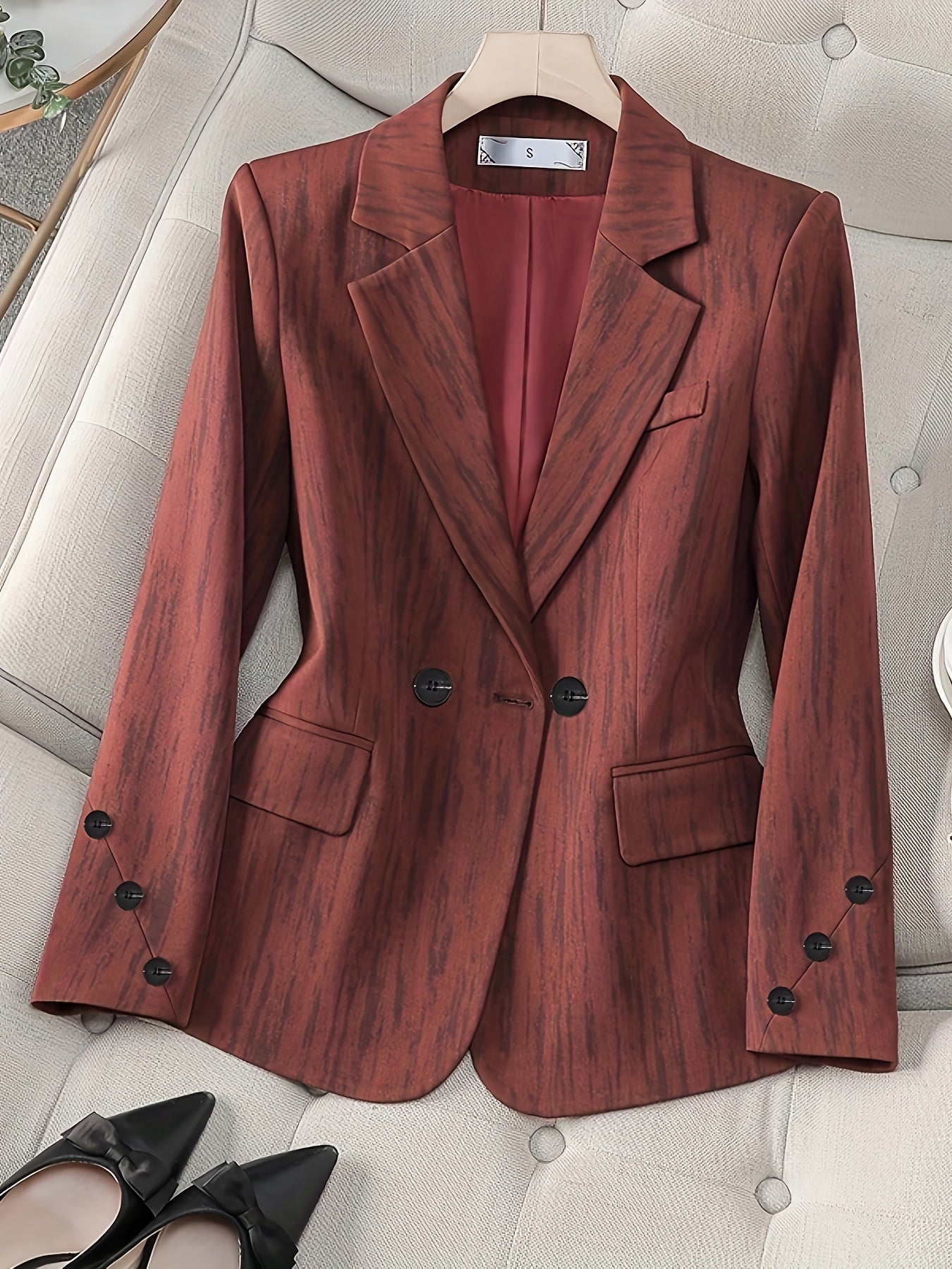 Women's Red Double-Breasted Blazer Slim Fit Long Sleeve Casual to Formal
