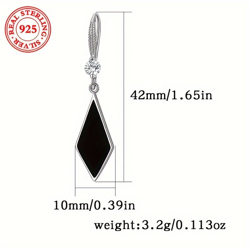 Sterling Silver S925 Dangle Rhombus Drop Earrings with Zirconia Accents for Women