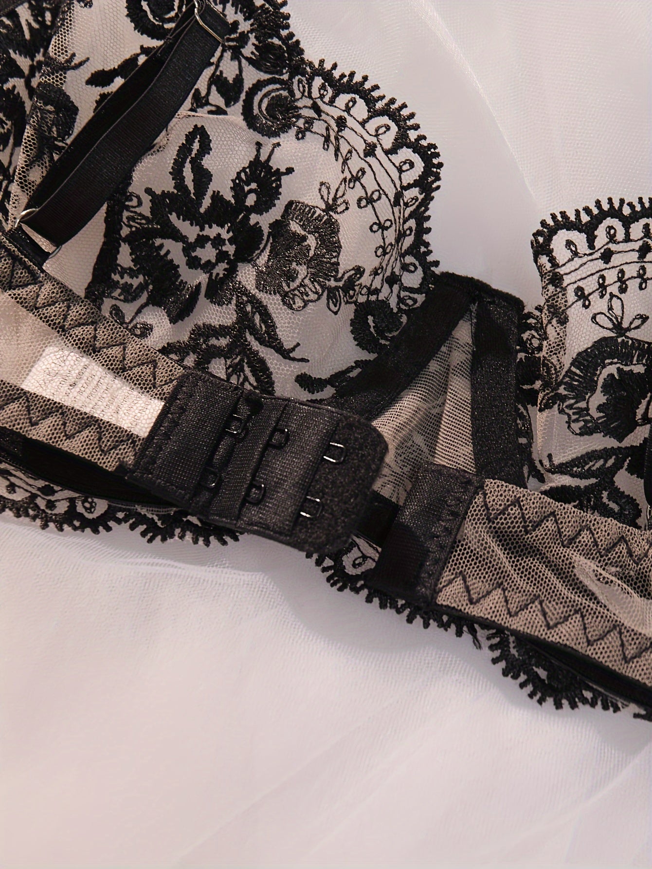 Women's Embroidered Flower Lingerie Set Fishnet Bra and Thong Midnight Passion