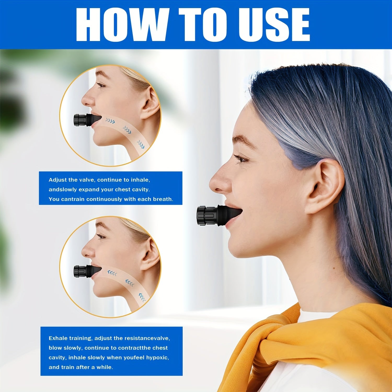 Adjustable Resistance Breathing Exerciser for Lung Capacity Training Black Blue White