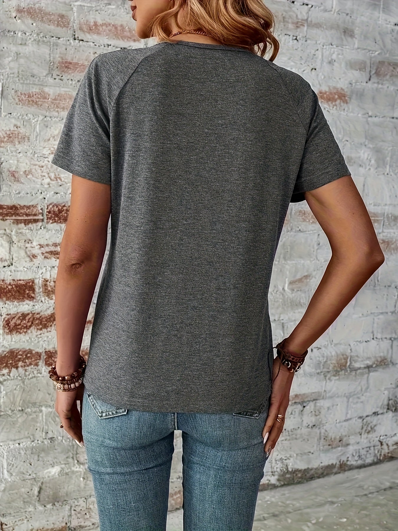 Women's Plus Size V-Neck Zip-Up T-Shirt Heather Gray Casual Short Sleeve Top