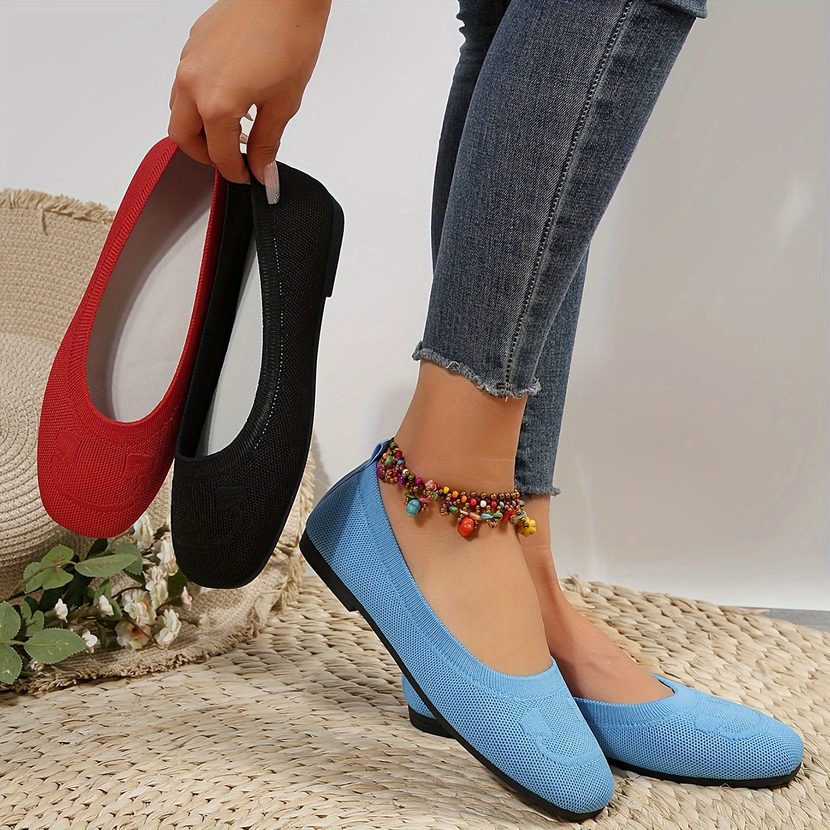 Women's Red Slip-On Knit Shoes Square Toe Breathable Casual Footwear