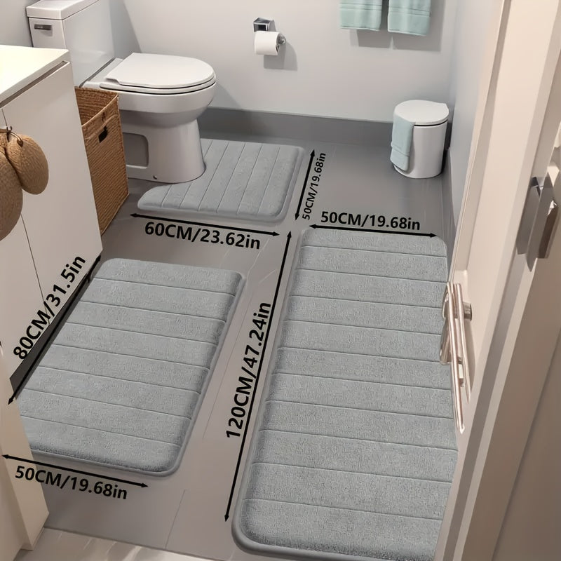 3-Piece Geometric Pattern Bath Rug Set Coral Fleece Non-Slip Hand Washable Embossed Striped Soft Polyester Bathroom Decor