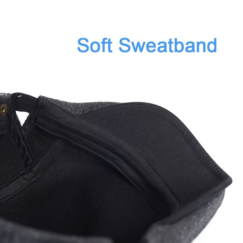 Katta o'lchamdagi Erkaklar Vintage Newsboy Kapa, Qalin Issiq Polyester Beret Materialidan Yasalgan, Tasodifiy Chiziqli Pichoq Dizayni, Herringbone To'qimasi bilan Sozlanadigan Tekis Kapa, Qo'l bilan yuvish oson.