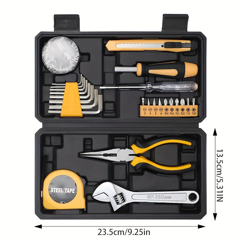 25/26 Piece Household Hand Tool Set with Yellow Plastic Toolbox for DIY and Home Repairs