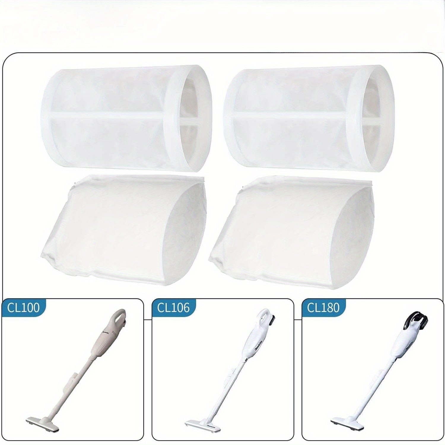 Makita CL100D uchun almashtirish to'plami, ikki changyutgich aksessuarlari, shu jumladan, old filtr komponenti, filtr, ikki old filtr va qush cho'tkasi o'z ichiga oladi.