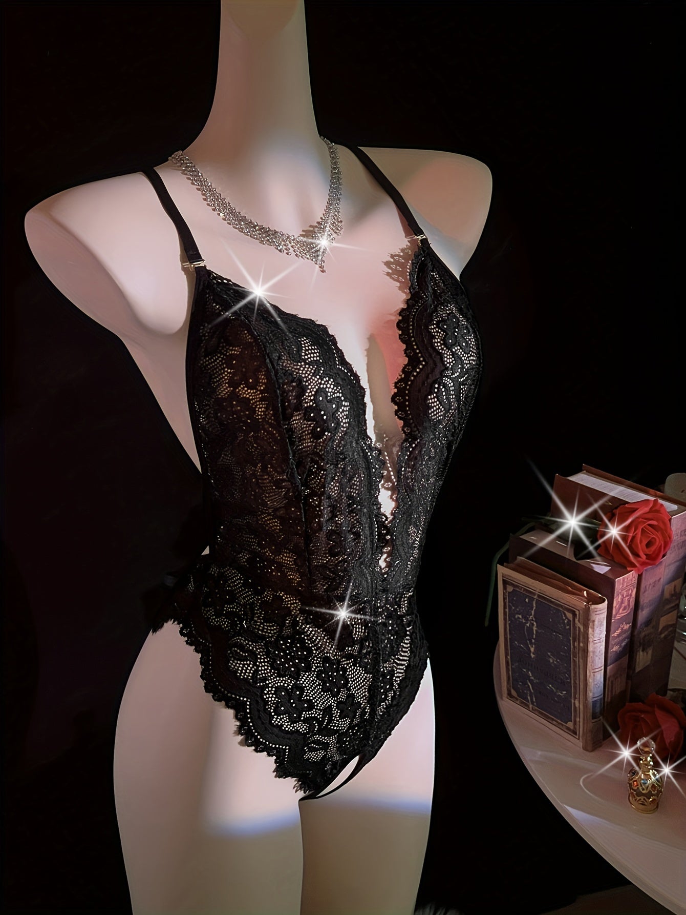 Women's Lace Bodysuit Deep V-Neck Open Crotch High Waist Lingerie