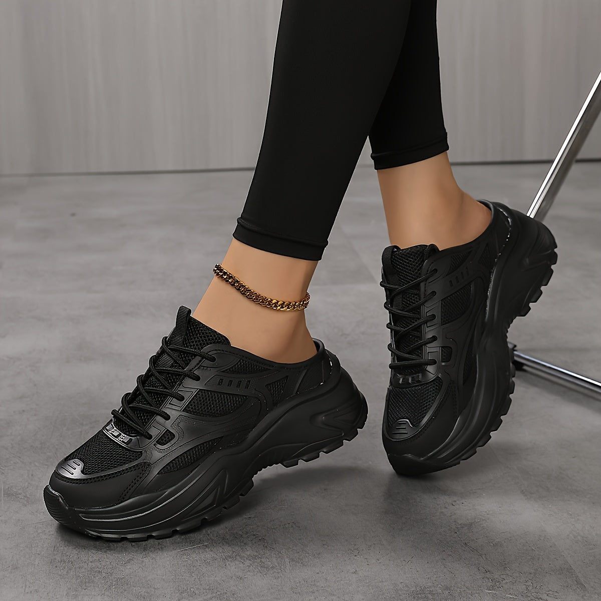 Women’s Chunky Sneakers Breathable Mesh PVC Low Top Lace-Up Shoes