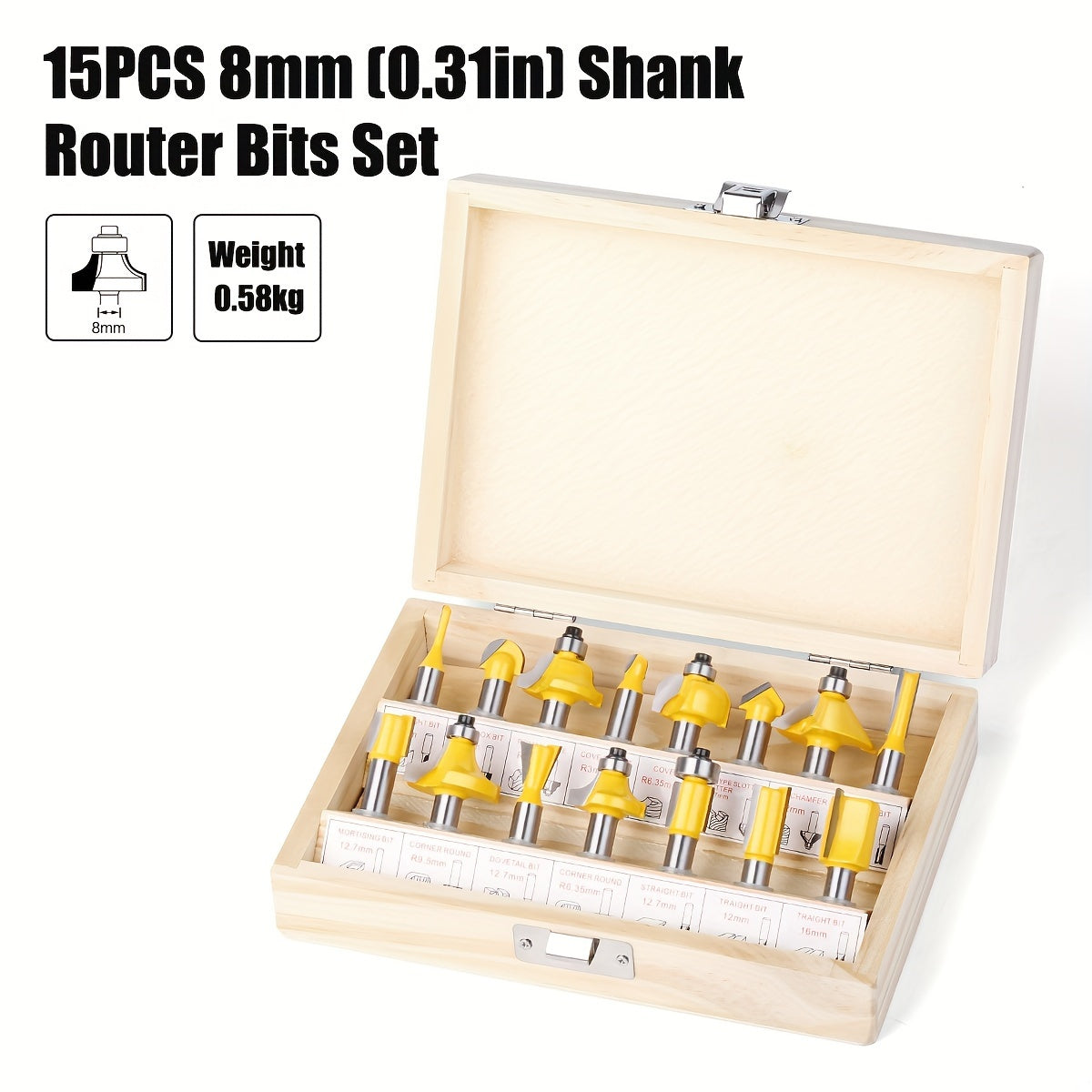 Set of 15 Woodworking Router Bits with 6mm and 8mm Shanks for Trimming Slotting Engraving
