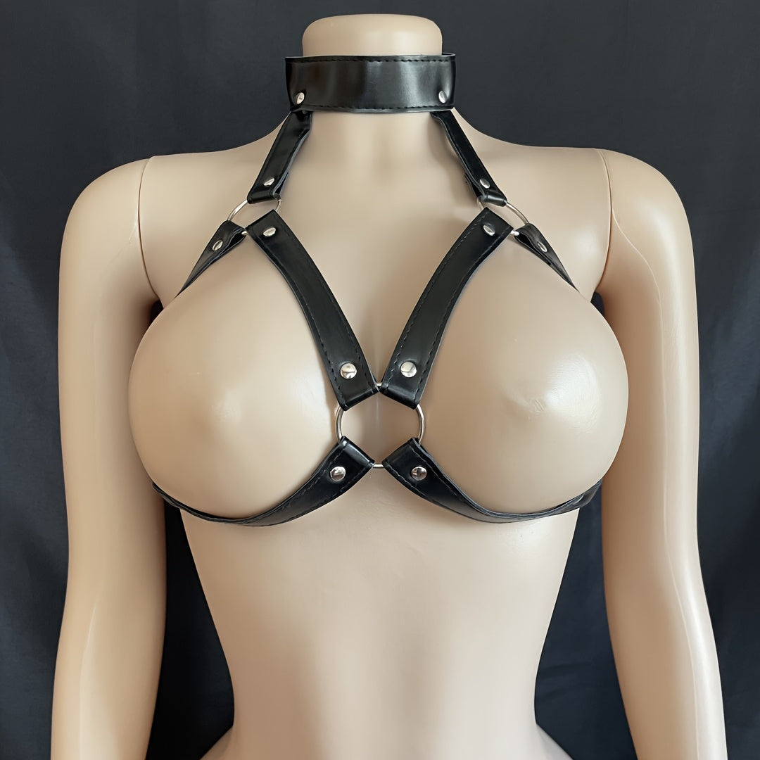 Ayollar uchun sozlanadigan bog‘lovchi qafasli bo‘yinbog‘i va ko‘krak qafasi, qora charm ko‘rinishida, metall halqalar bilan