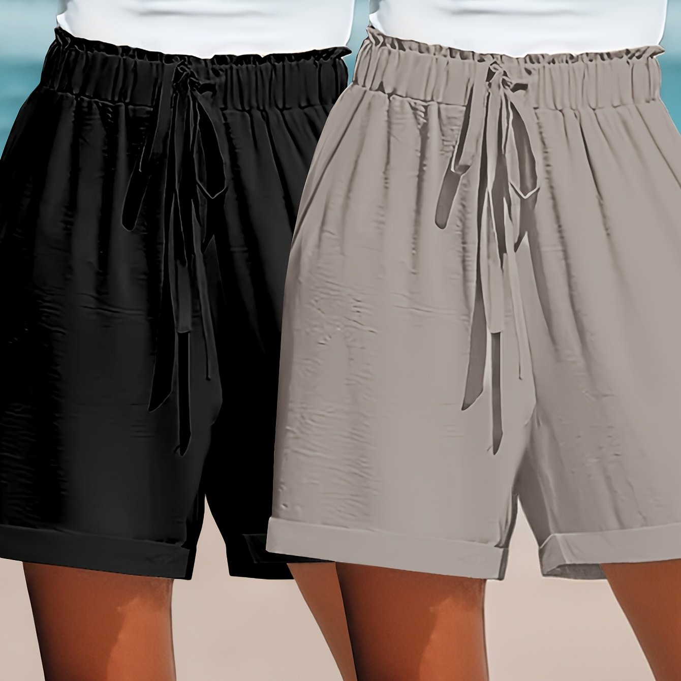 Plus o'lcham ayollar uchun kundalik to'liq rangli yuqori belli bo'sh keng yengli keng bo'yinli shortlar 2 dona set