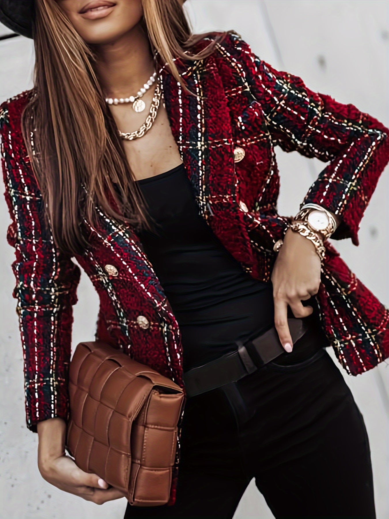 Women's Plaid Blazer with Double-Breasted Buttons Long Sleeves Polyester Spandex Fall Winter