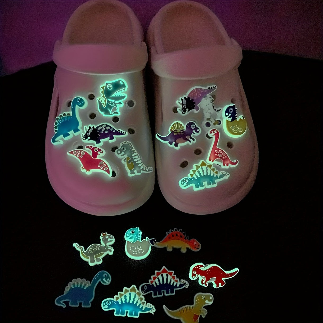 Kids Glow-in-the-Dark Dinosaur Shoe Charms Plastic Colorful Designs Pack of 9
