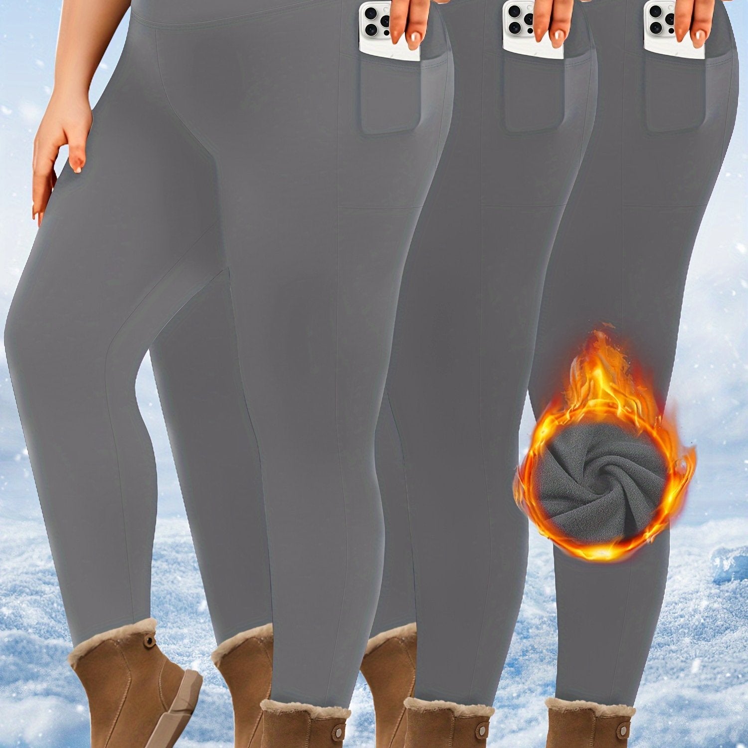 Plus Size High-Waist Fleece-Lined Leggings with Pockets for AutumnWinter Black Gray Burgundy
