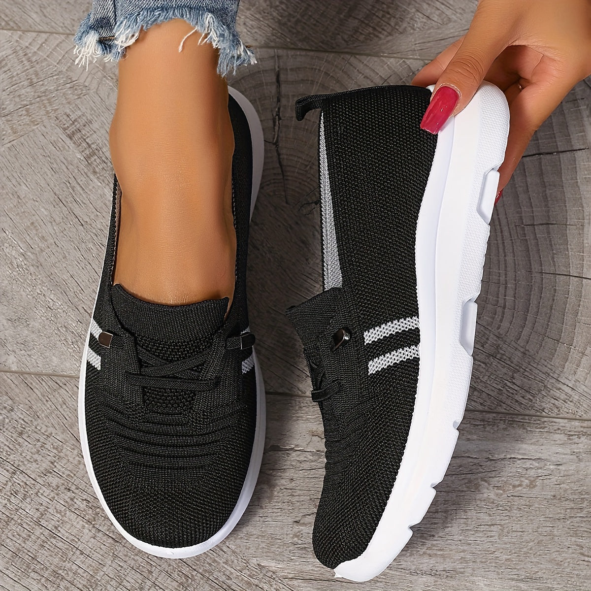 Ladies Breathable Casual Slip-On Sneakers Low Top Fabric Stripes