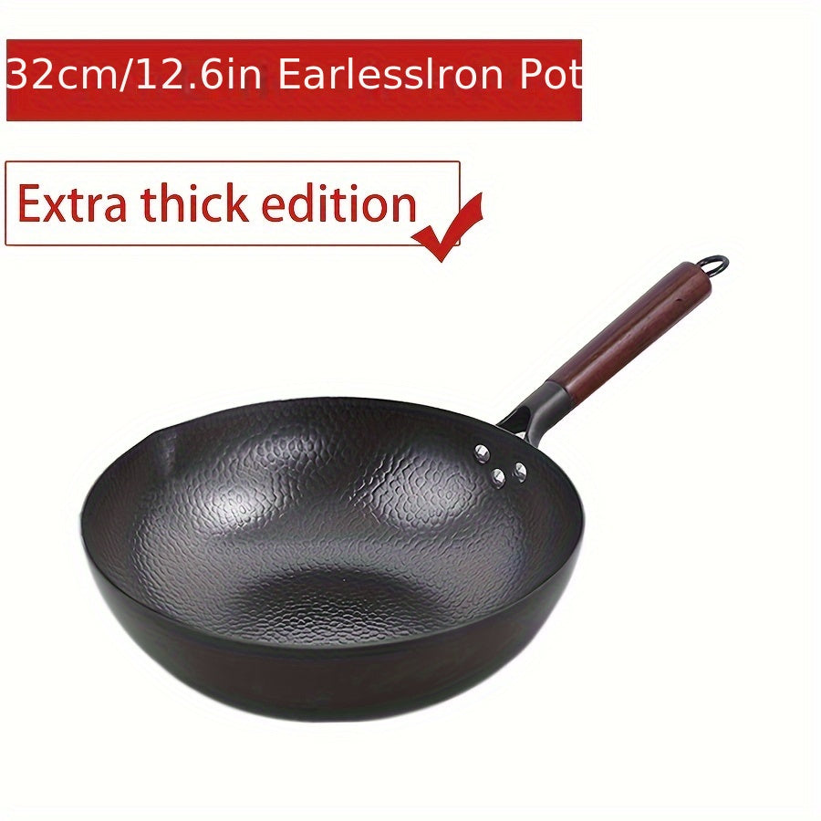 Cast Iron Wok 32cm Non-Stick Hand-Forged Stir-Fry Pan with Wooden Lid