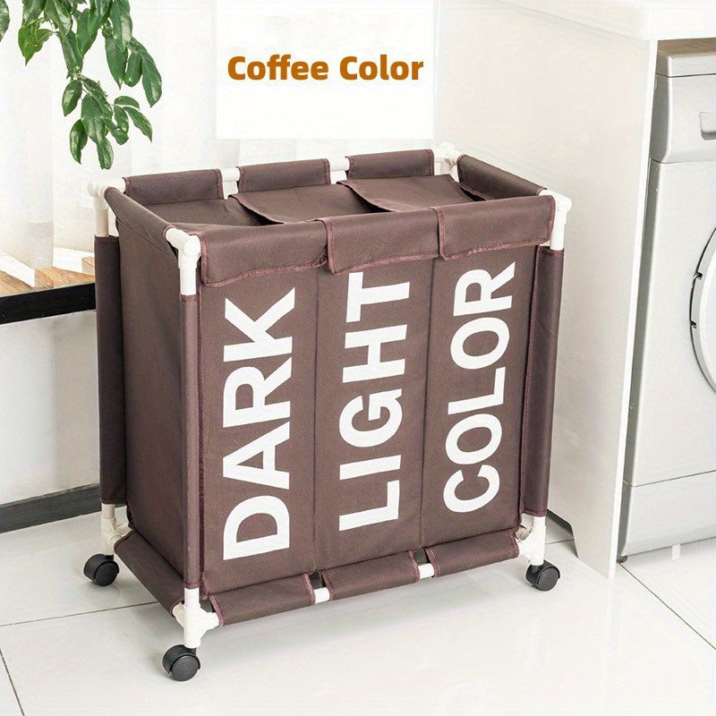 Large Waterproof Laundry Basket with 3 Compartments on Wheels for Home Organization