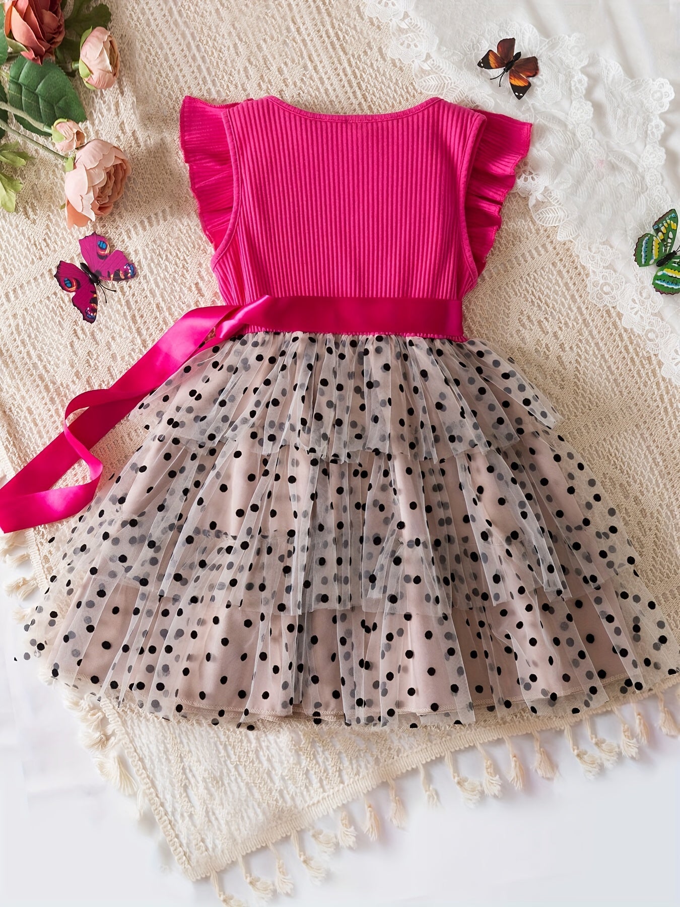 Kids Girls Summer Polka Dot Tulle Princess Dress A-Line Fairy Style Button Accents Non-Stretch Polyester