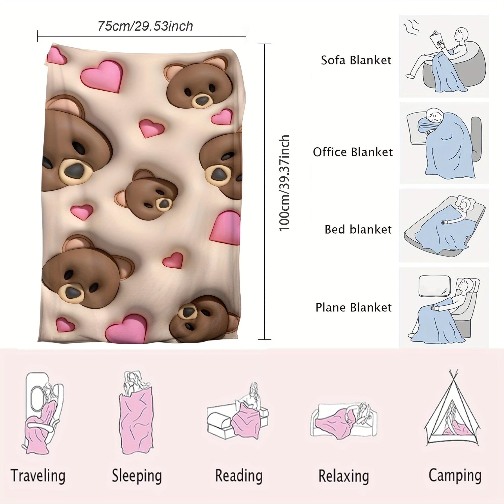 Soft Bear-Patterned Fleece Blanket for Kids and Adults, Cozy and Comfortable