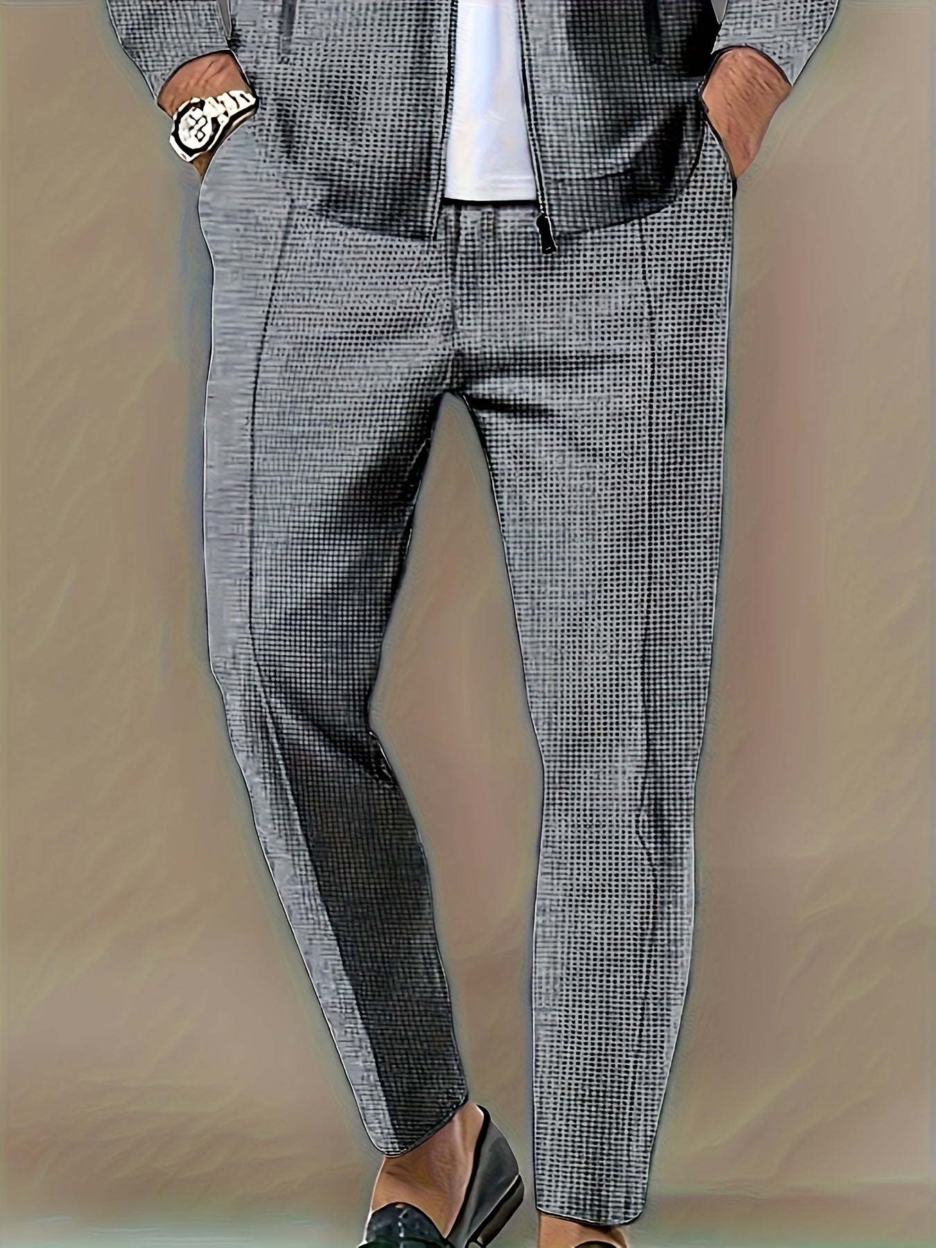 Men's Casual Waffle Suit Polyester Solid Color Regular Fit Spring Fall