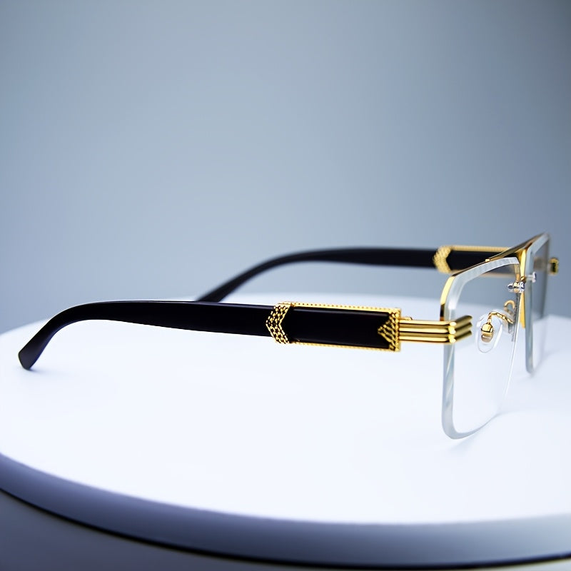 Men's Retro Fashion Glasses with Diamond Cut Edges Rectangular Rimless Marble Wood Accents