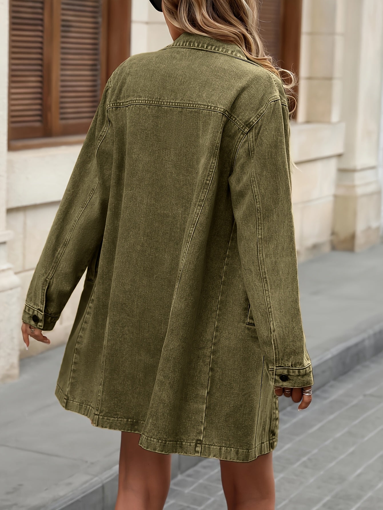 Women's Green Denim Jacket Casual Long Sleeve Mid-Length Spring Fall