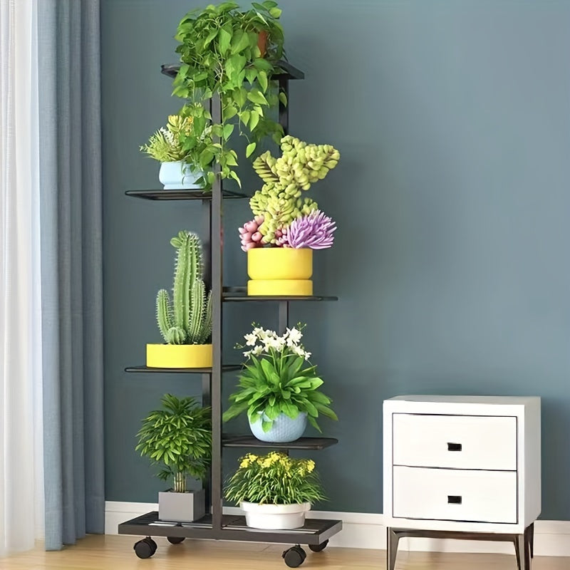 Soporte de flores de metal con ruedas para uso en interiores y exteriores, estante de varias alturas para plantas