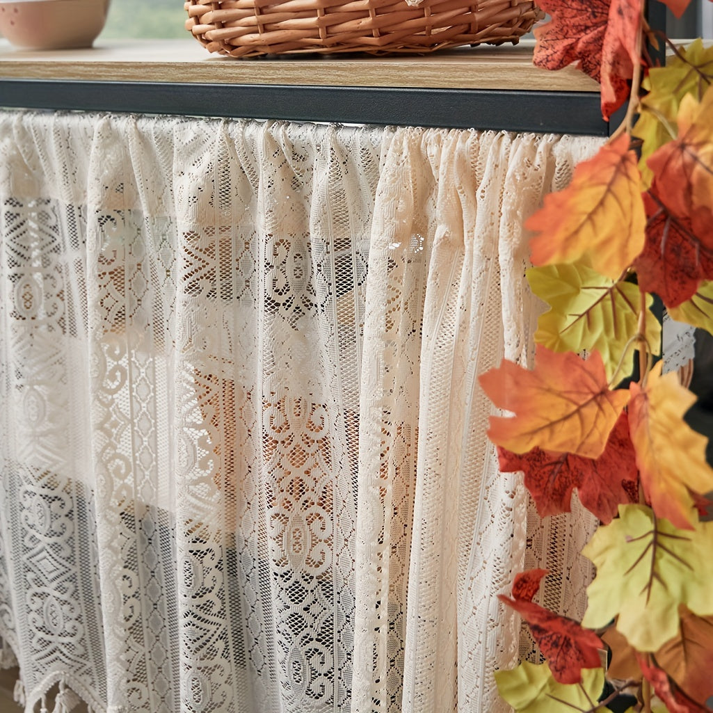 Boho Geometric Lace Tassel Cafe Curtain Tiers Polyester Semi-Sheer Thermal Insulated