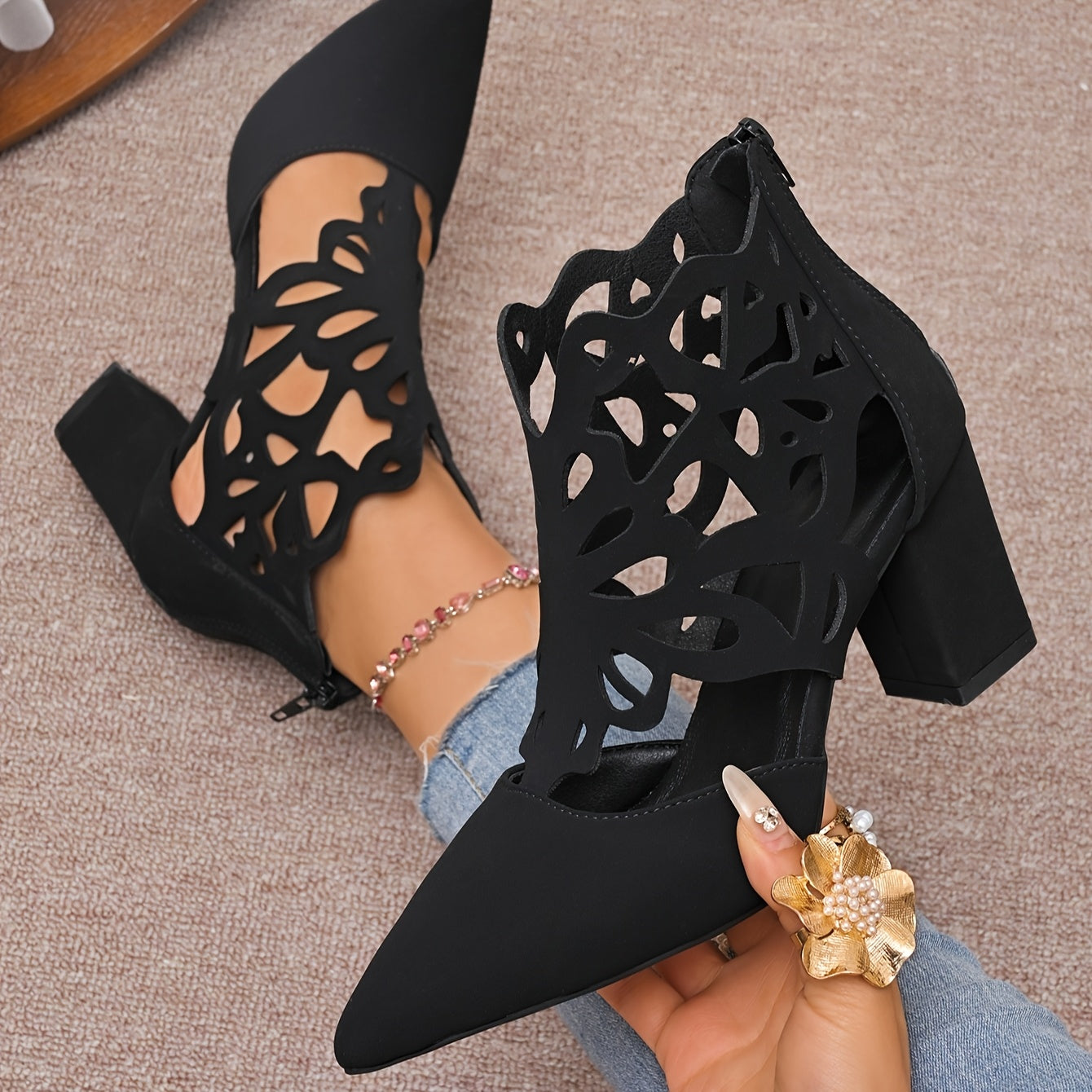 Women's Black High Heels Chunky Heel Cut-Out Butterfly Pointed Toe
