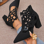 Women's Black High Heels Chunky Heel Cut-Out Butterfly Pointed Toe