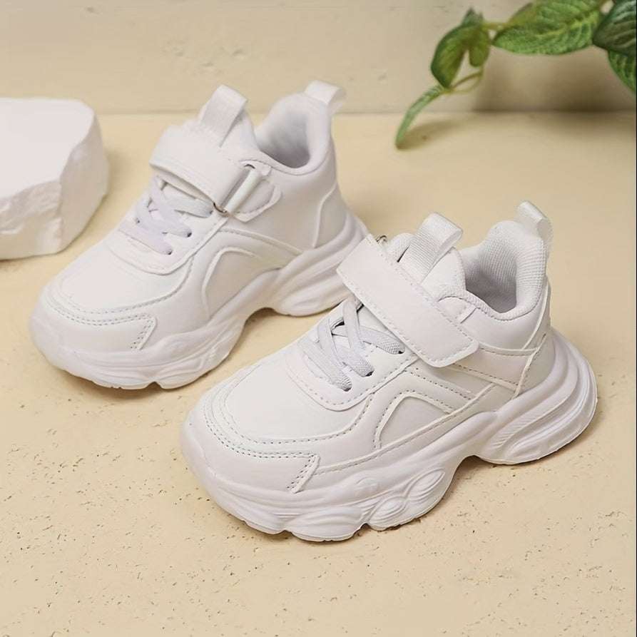 Unisex White Running Sneakers for Kids with Hook-and-Loop Closure EVA Sole Casual Outdoor Shoes