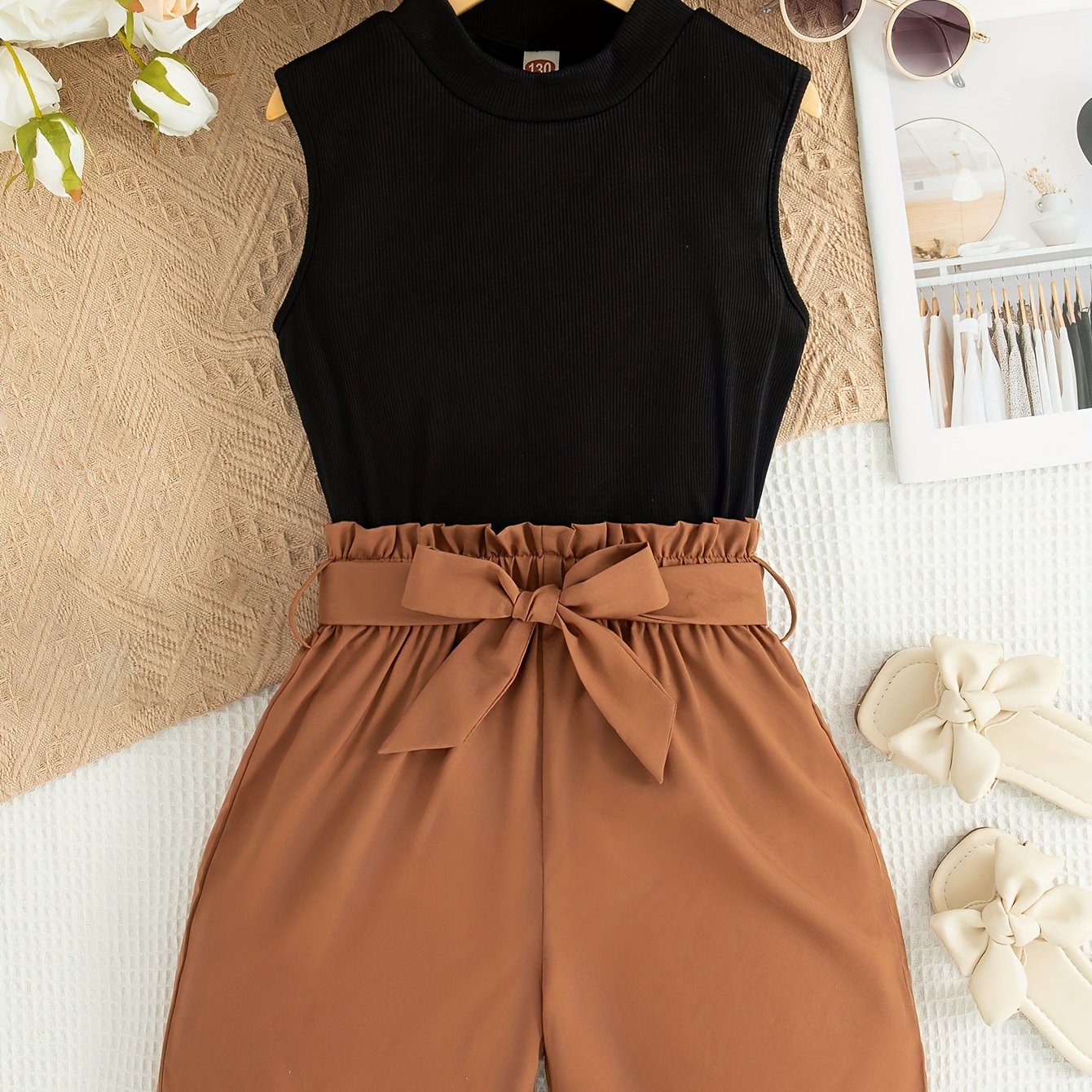 Летний комплект для девочек: безрукавка из трикотажа и шорты с ремнём для активного отдыха