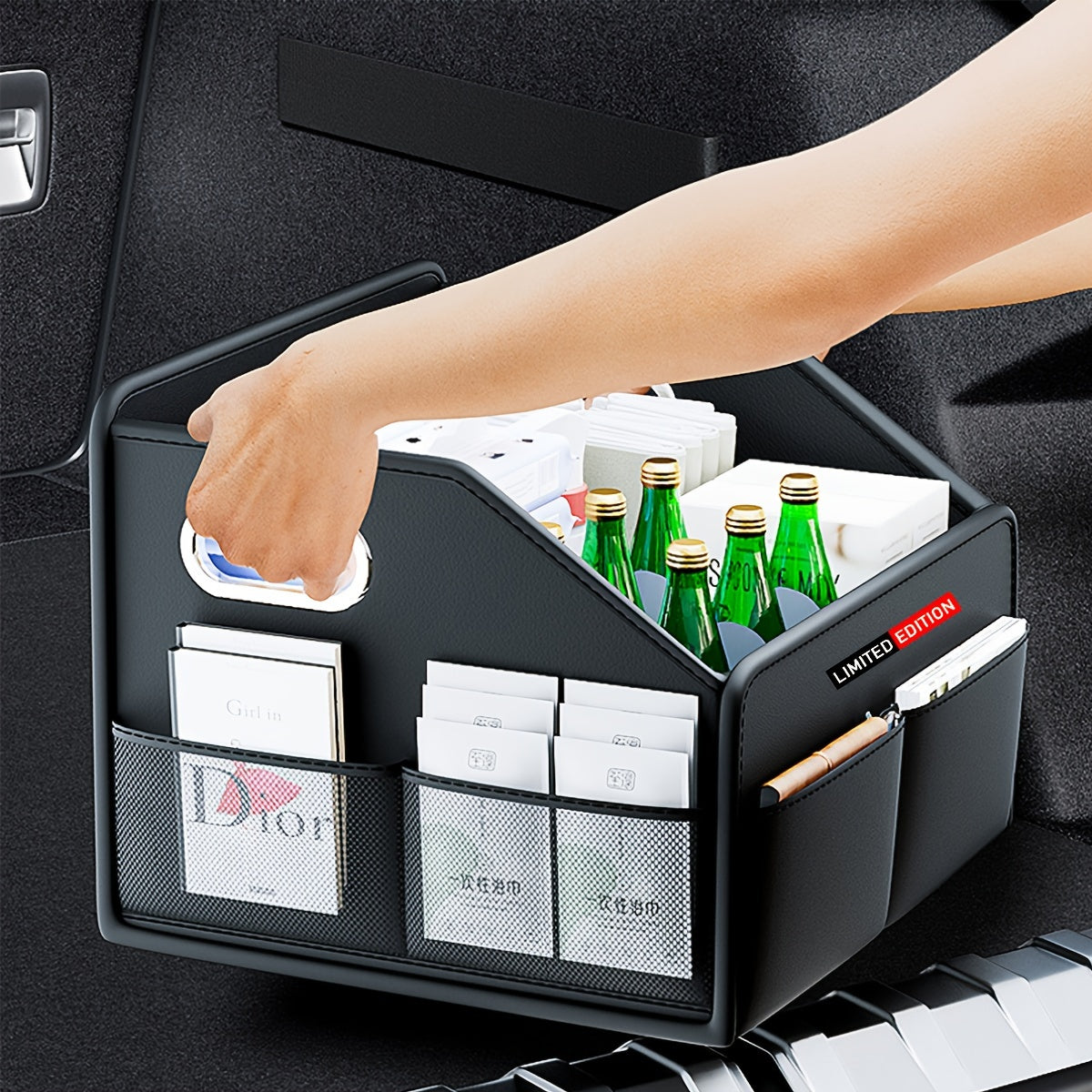 Black PU Leather Car Trunk Organizer Foldable Storage Box with Handles