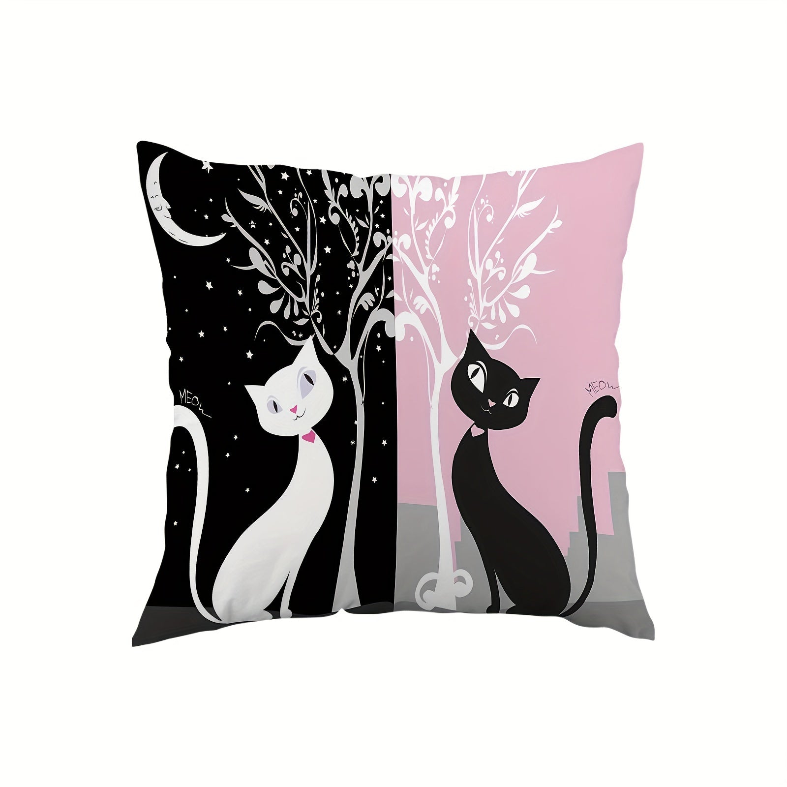 Black and White Short Plush Cat Pillowcase 45.72x45.72 cm Zipper Closure Single-Sided Printed for Home Sofa Bedroom Decor