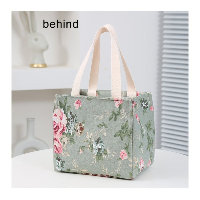 Insulated Waterproof Lunch Bag with Aluminum Foil Floral Canvas Large Capacity for Work Travel Picnics