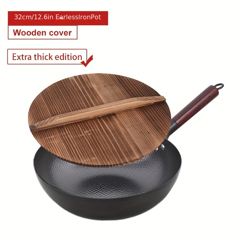 Cast Iron Wok 32cm Non-Stick Hand-Forged Stir-Fry Pan with Wooden Lid